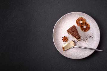 Slice of sweet cheesecake sprinkled with chopped chocolate