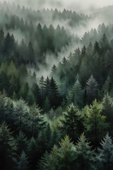 Morning foggy pine trees landscape, mountain, fairy nature, background for cover, poster, wallpaper, AI generated