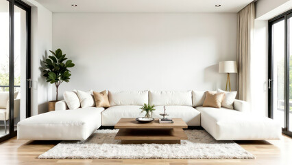 Modern living room with a white sofa, wooden coffee table and neutral decor