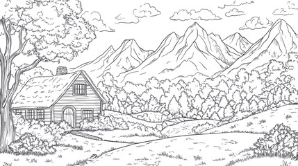 Fototapeta premium Village landscape with house in countryside coloring book page, mountain drawing and nature sketch, with line outline illustration and black tree graphic on white background.