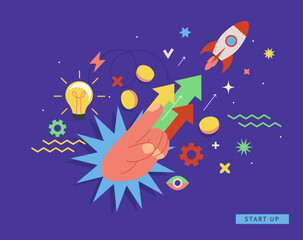 The rocket is launched towards the target pointed at by the hand. Bright concept of startup, service launch,startup, development with symbols of new business. Vector for web, banner,flyer,social media
