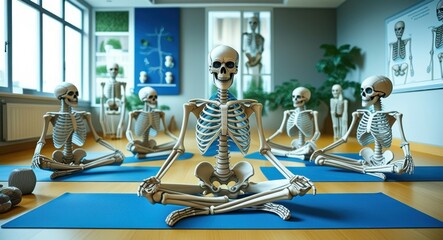 Skeleton yoga class, meditation studio, blue yoga mats, humorous fitness scene, wellness center, bone anatomy, mindfulness practice, surreal health concept, indoor exercise space, skeletal wellness, w