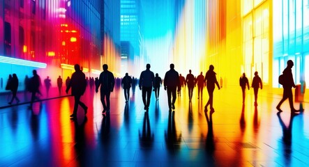 urban cityscape, silhouettes of people walking, vibrant colorful background, neon lights, futuristic city, reflective surfaces, motion blur, dynamic composition, crowded street scene, high contrast, c