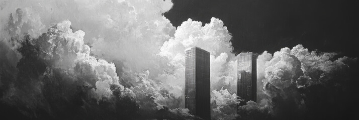 Tower Emerging from Billowing Clouds in Monochrome