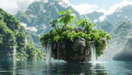 A floating island where time stands still, featuring water cascading upward in mid moment serenity