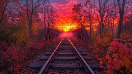 Vibrant autumn sunrise over railroad bridge.