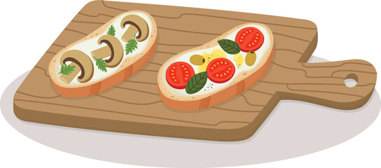 Italian national dish Bruschetta Toasts on a wooden board. Hand drawn illustration with tasty food	
