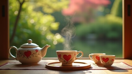 Fototapeta premium Heart Teacups, Sunny Garden View