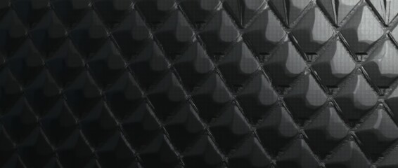 Banner is in dark colors with convex shapes.
