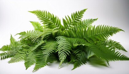 Lush green ferns arranged on a white background.