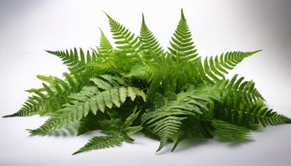 Lush green ferns arranged beautifully against a bright white background.