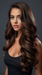 Naklejka premium Brunette girl with long and shiny wavy hair . Beautiful model with curly hairstyle, detailed, with white tones