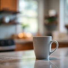 Fototapeta premium A photograph of a coffee cup on a kitchen counter, sharp focus on the cup with a blurred bokeh background effect, soft lighting, warm color palette, shallow depth of field