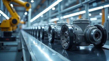 Obraz premium A robotic assembly line producing propulsion units for electric vehicles efficiently