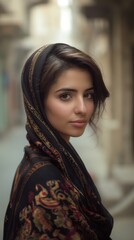 Naklejka premium A woman with a graceful expression enjoys her surroundings, radiating joy in a lively urban setting with soft lighting