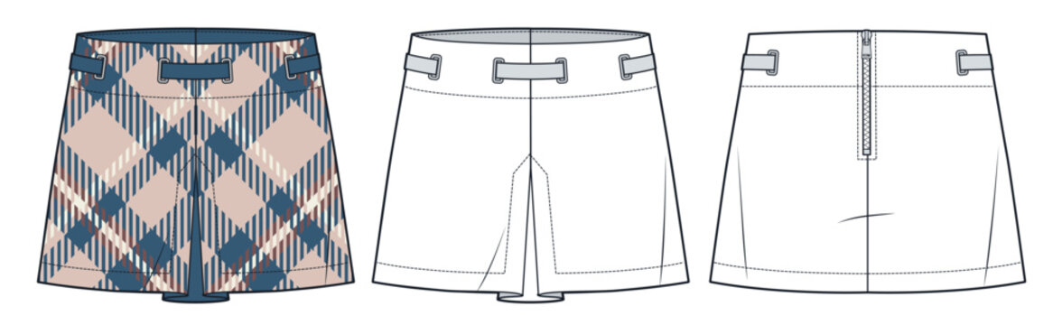 Mini Skirt technical fashion illustration, pleid pattern. Pleated Skirt fashion flat technical drawing template, eyelets box, belt, back zipper, front, back view, white, blue, beige, women CAD mockup.