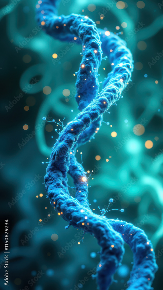 Poster this image captures a close-up view of dna, showcasing its double helix structure with vibrant blue 