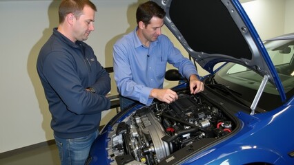 Technicians performing quality checks on propulsion systems for electric vehicles