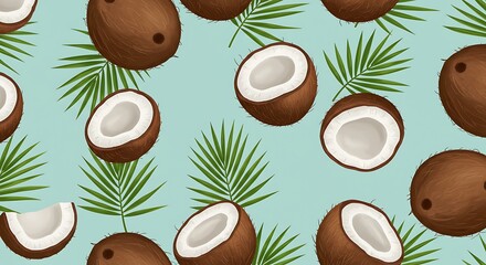Fresh tropical coconuts with vibrant palm leaves.  White flesh and brown shell. Delicious tropical fruit.