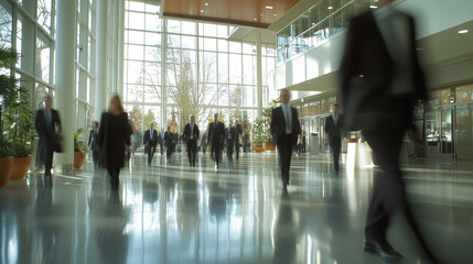 people business attire walking with a long exposure effect in modern office lobby