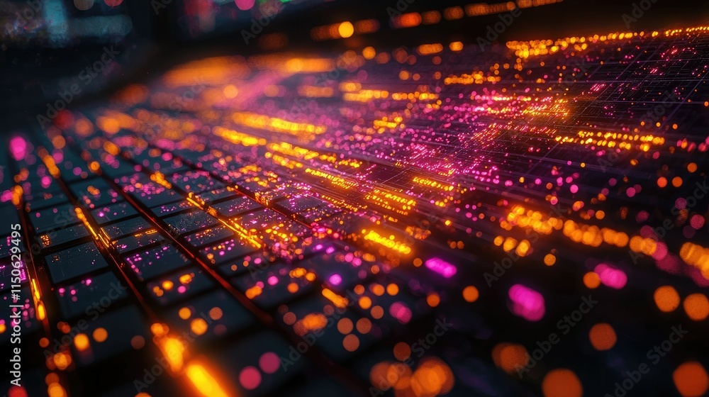Poster a close-up of a keyboard with vibrant digital data streams in orange and pink colors.