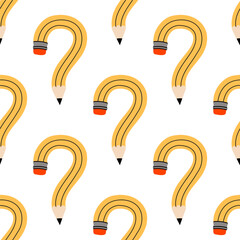 A cute seamless pattern with question mark shaped yellow pencils. School quiz concept. Education background with crayons.