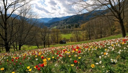 Colorful spring flower field with tulips and daffodils, picturesque mountain background, serene mood
