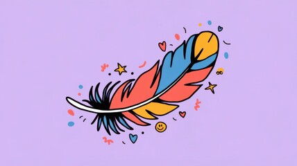 Fototapeta premium Colorful Cartoon Feather with Fun Doodles on a Lavender Background