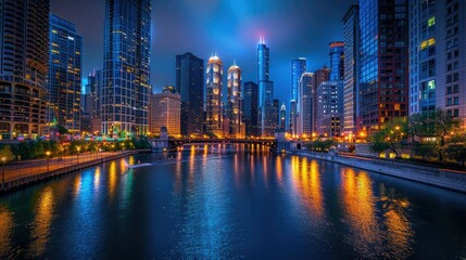 Naklejka premium A wide shot of fireworks lighting up the night sky over an urban river