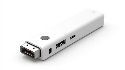 White rectangular portable media adapter with various ports.