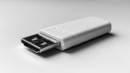 White rectangular HDMI adapter, angled on a white surface.