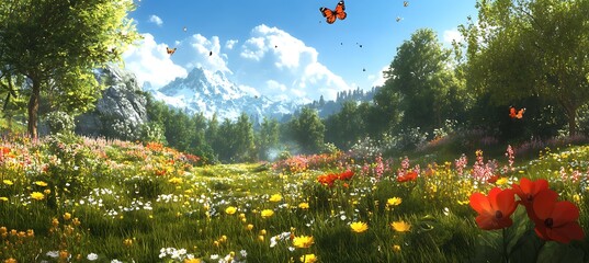 A tranquil meadow with wildflowers in full bloom, butterflies fluttering between the blossoms, and a distant mountain range under a bright blue sky