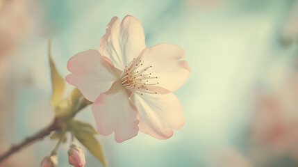 A blurred analog photograph of a single cherry blossom.