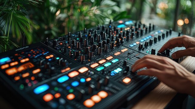 A close-up of a music synthesizer with colorful controls and a person adjusting settings.