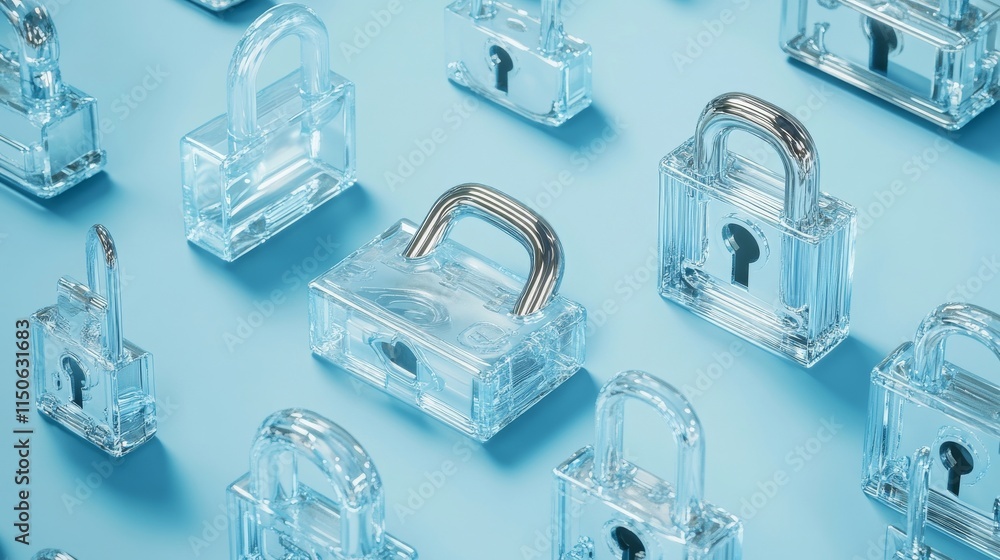 Poster futuristic cyber security vector illustration. data security scanning. wireframe locks on blue backg