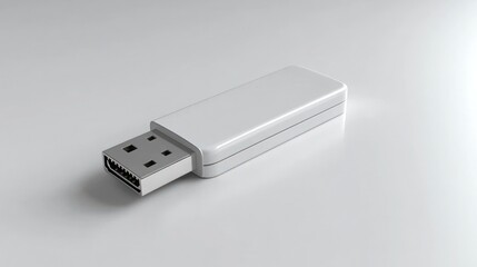 White USB flash drive on a white surface.