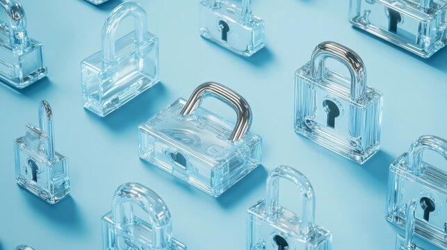 Futuristic cyber security vector illustration. Data security scanning. Wireframe locks on blue background. Padlock technology, cybersecurity, and digital encryption.