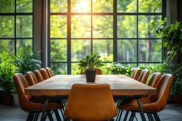 Bright and modern meeting room featuring a large wooden table and plants