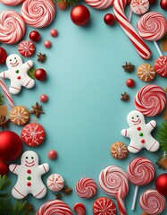 Unique Christmas border of gingerbread men, lollipops and peppermint candies in colo colors.