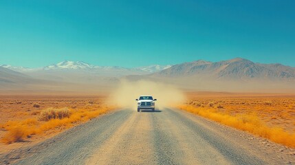 White truck driving on a dirt road in a desert landscape with mountains in the background.