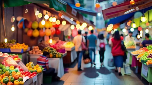 Muddled view of a bustling market offering a feast for the senses with its sights and smells.