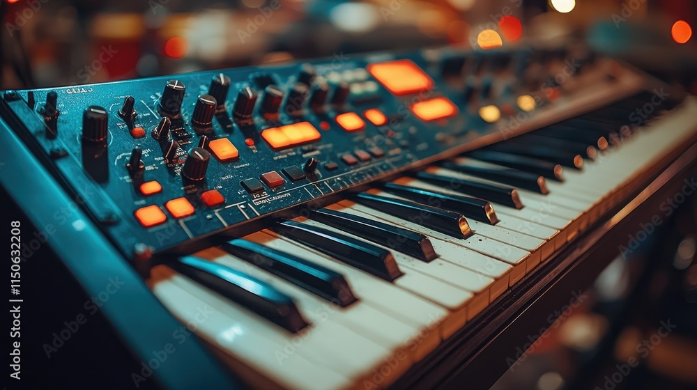 Poster a close-up of a synthesizer keyboard with illuminated controls and keys.