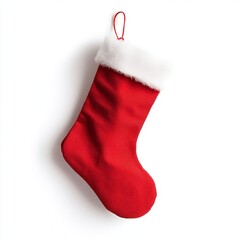 A red stocking hanging by a loop, isolated on a white background.
