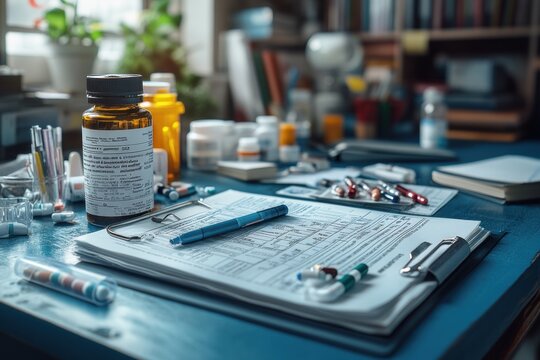 Medical workspace with documents and various medication arranged on a desk in a clinical setting