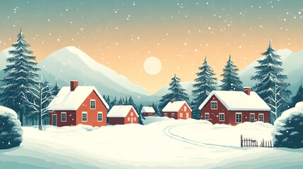 a snowy landscape with a red house and trees in the foreground and a full moon in the background