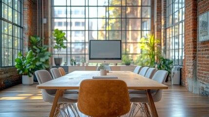 Fototapeta premium Modern office meeting room with natural light and high-quality desk setup