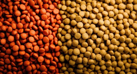 Fototapeta premium Macro photography, beans and legumes, contrasting colors, red and yellow, textured surface, food ingredients, healthy proteins, natural patterns, culinary background, raw ingredients, nutritious food,