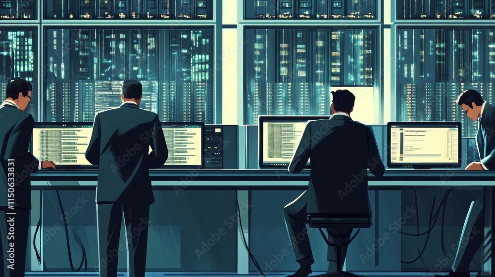 Poster isometric vector illustration on a gray background, people in business clothes are working in front 