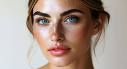 Close-up portrait, young woman, striking blue eyes, dark eyebrows, flawless skin, natural makeup, soft lighting, neutral background, fashion model, photorealistic, high detail, beauty photography, 8k 