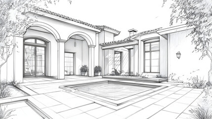 An intricate sketch of a luxury villa designed by a legendary architect.